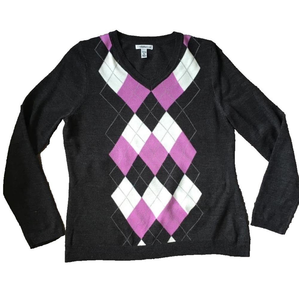 Argyle Sweater Top Petite PM P6 P8 V Neck Pullover Preppy Academia Indie Retro